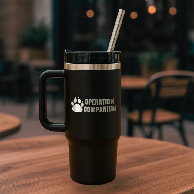 Black stainless steel tumbler with Operation Companion logo, tactical drinkware