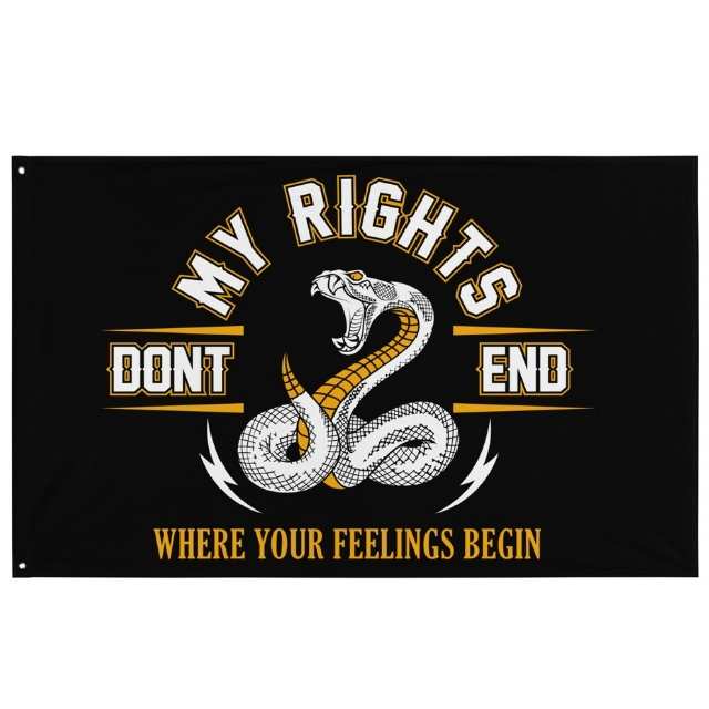 Black Patriotic flag with bold My Rights Don’t End message and snake graphic