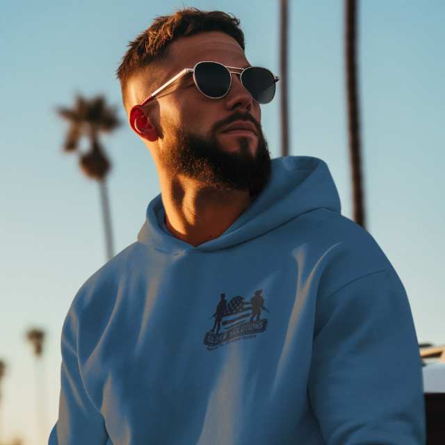 Front view of blue patriotic hoodie with Soldier Solutions logo for men
