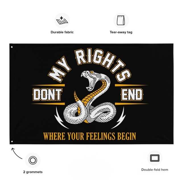 My Rights Don’t End Patriotic flag with tear-away tag, grommets, and liberty message