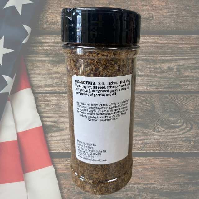 Ingredient list and mission statement on Sidekick Steak Seasoning bottle by Soldier Solutions