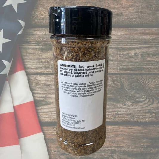 Ingredient list and mission statement on Sidekick Steak Seasoning bottle by Soldier Solutions