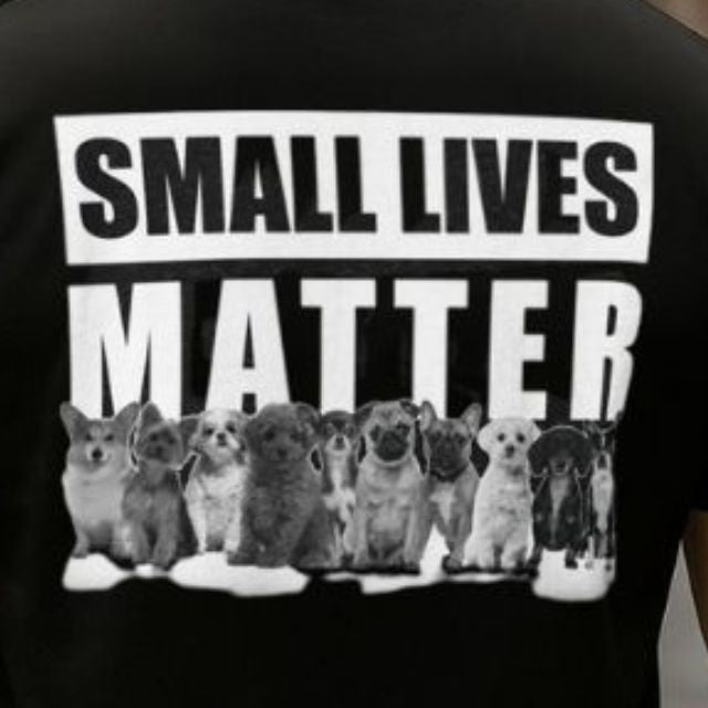 Back view of men’s Small Lives Matter patriotic t-shirt featuring lineup of service dogs and bold mission statement close up.