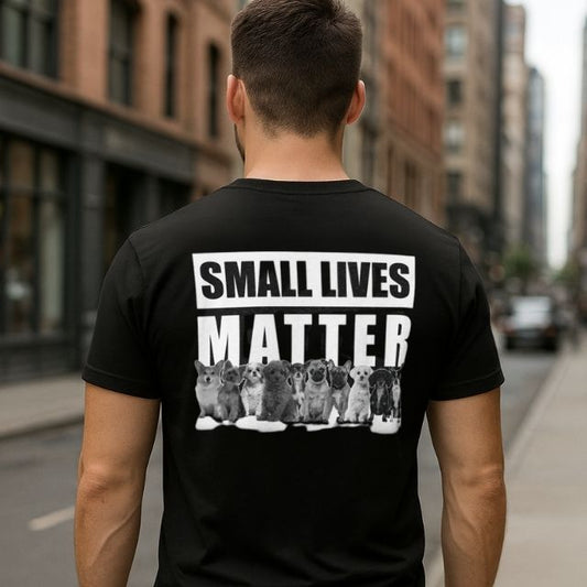 Back view of men’s Small Lives Matter patriotic t-shirt featuring lineup of service dogs and bold mission statement.