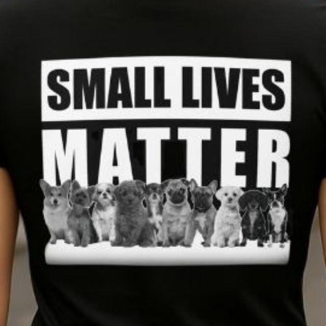 Women’s patriotic t-shirt featuring Small Lives Matter graphic with lineup of service dogs close up.