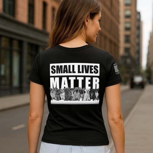 Women’s patriotic t-shirt featuring Small Lives Matter graphic with lineup of service dogs.