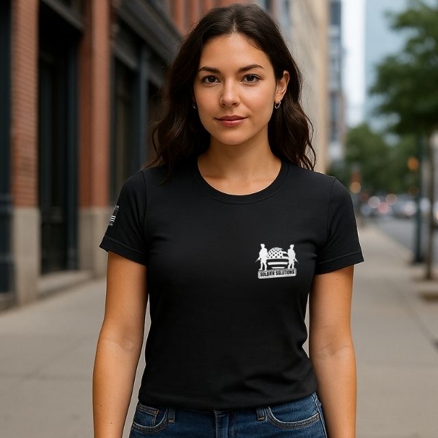 Front view of women’s Small Lives Matter t-shirt with Soldier Solutions logo on chest.