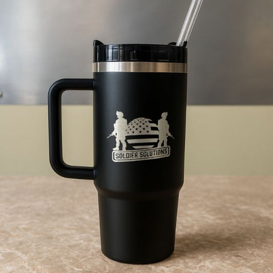 Soldier Solutions tactical 40oz Stanley style tumbler with handle, patriotic insulated mug
