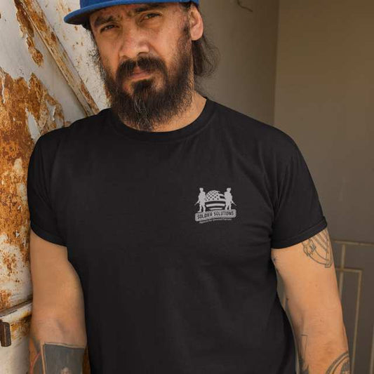 Front view of Soldier Solutions men's shirt featuring patriotic front chest logo