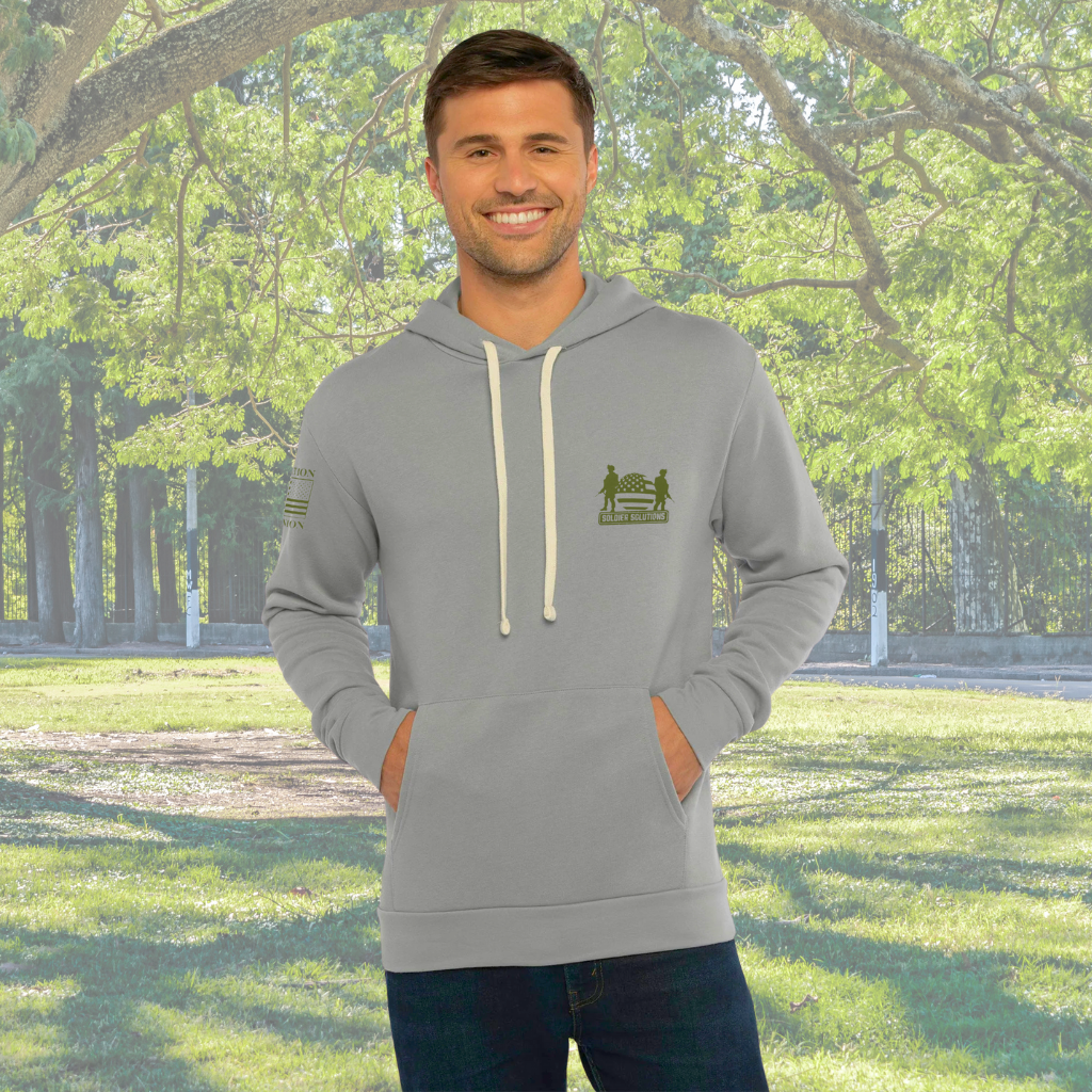 Men’s patriotic hoodie with front Soldier Solutions logo in olive green print