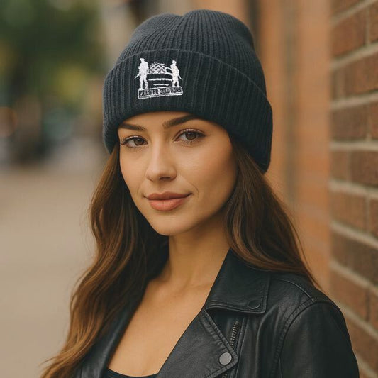 Woman wearing Soldier Solutions black tactical beanie with logo
