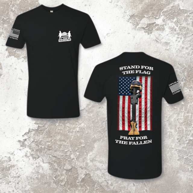 Men’s t-shirt with front Soldier Solutions logo and full back print featuring battlefield cross and American flag with "Stand for the Flag, Pray for the Fallen" message