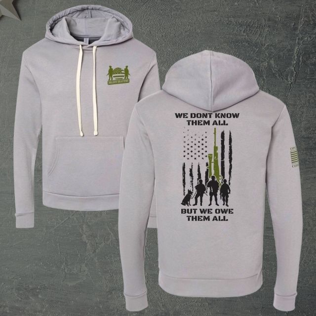 Front and back display of veteran honor hoodie in grey with American flag tribute