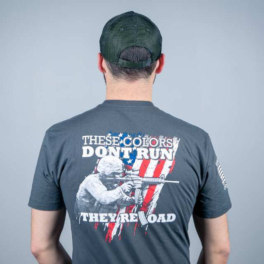 back of men’s patriotic shirt with rifleman graphic and These Colors Don’t Run They Reload design