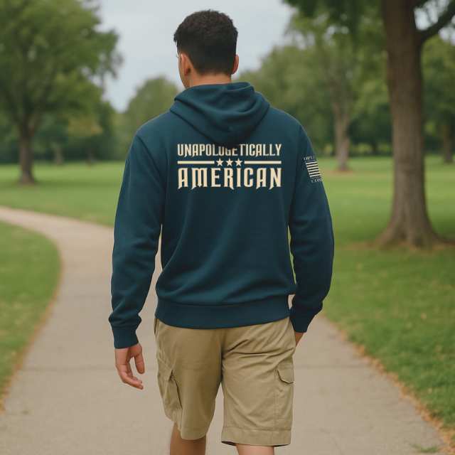 Unapologetically American men’s patriotic hoodie back design