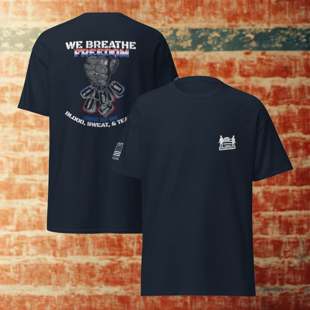 Flat lay of We Breathe Freedom men’s patriotic t-shirt front and back views