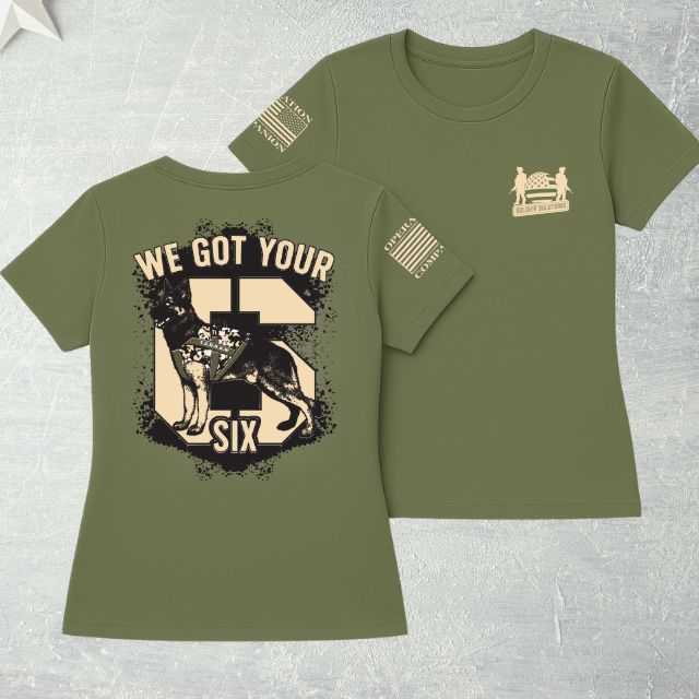 Flatlay of women’s We Got Your Six shirt showing patriotic back print and front logo