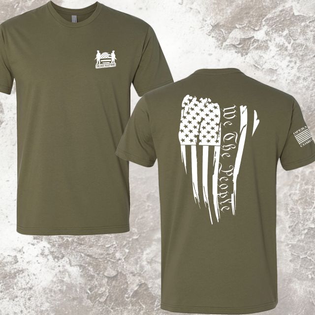Front and back layout of We The People women's patriotic t-shirt with flag and logo