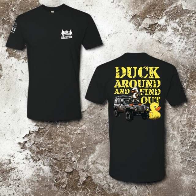 Full design mockup of women’s “Duck Around and Find Out” shirt showing front logo and full back graphic