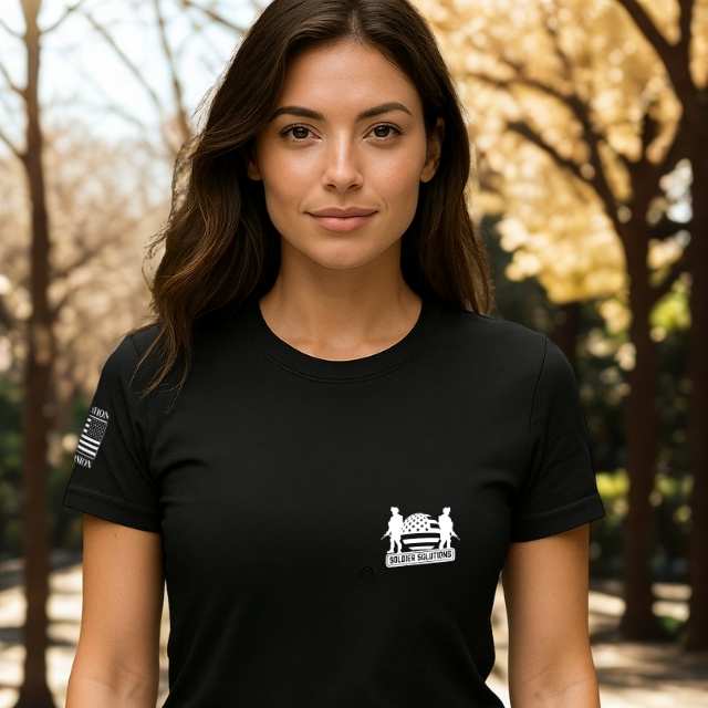 Front view of women’s black Soldier Solutions patriotic jeep t-shirt with logo chest print