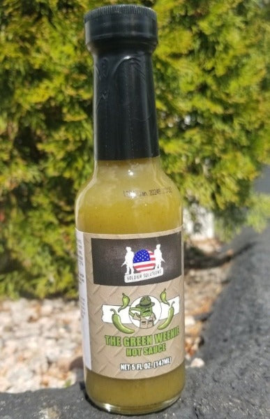 The Green Weenie military hot sauce bottle with jalapeño and citrus flavor
