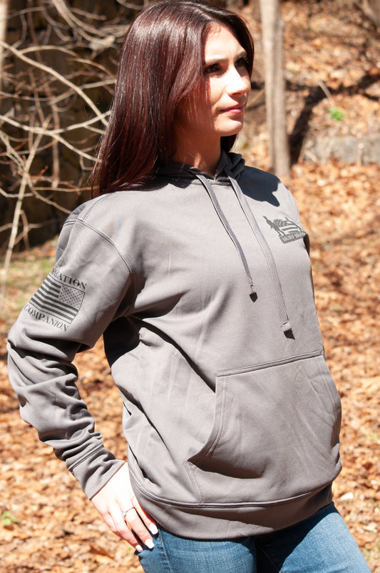 Front and side view of American Companion hoodie with Soldier Solutions chest logo and Operation Companion sleeve print