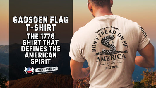 Back of 1776 shirt with Liberty or Death snake graphic and Don’t Tread on Me flag print