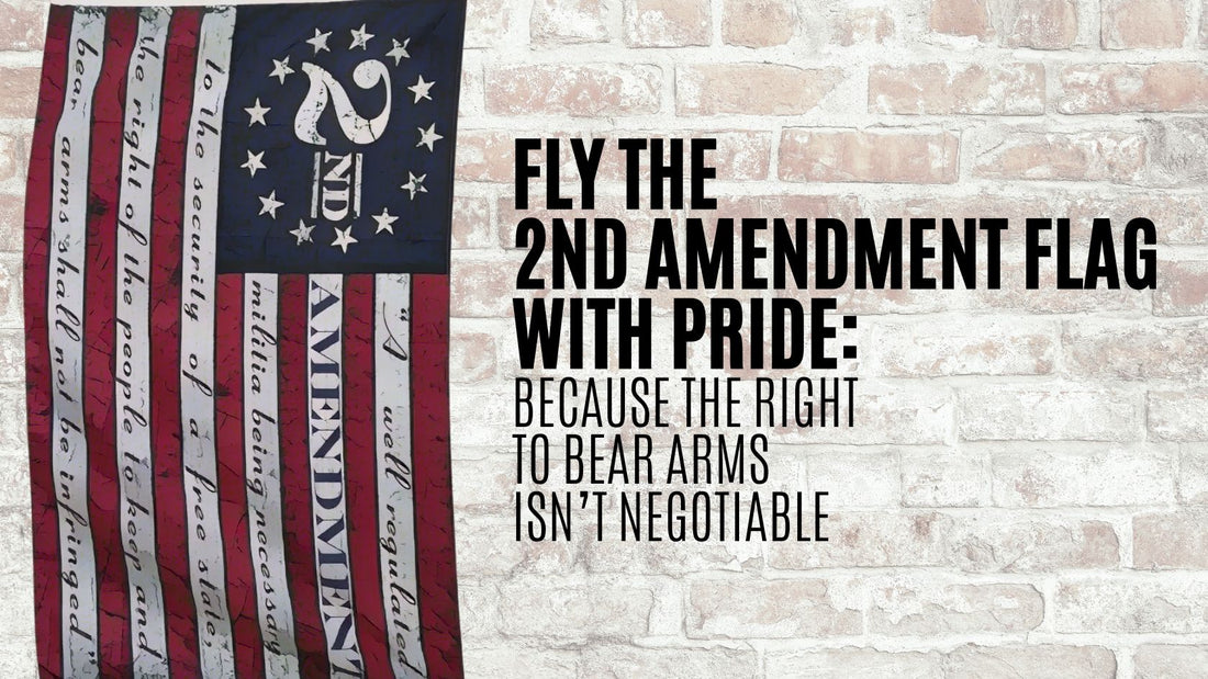 Second Amendment flag with full amendment text displayed vertically on red, white, and blue stripes, next to bold black text reading "Fly the 2nd Amendment Flag with Pride."