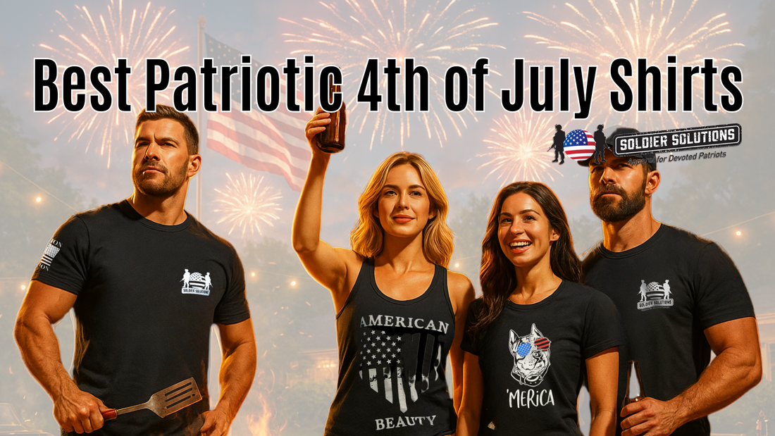 Group of men and women wearing best patriotic 4th of July shirts and tank tops by Soldier Solutions, American flag and fireworks background