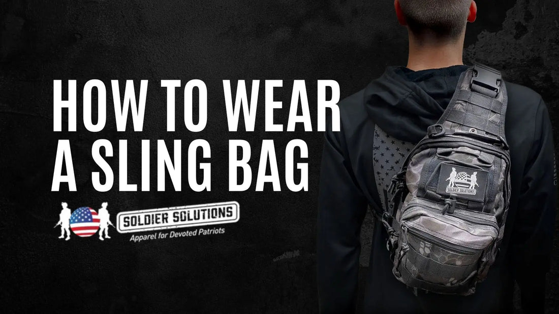 Person wearing a camouflage tactical sling bag with Soldier Solutions logo across their back, accompanied by bold white text that reads 'How to Wear a Sling Bag'.