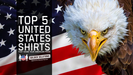 Bald eagle with American flag background promoting Soldier Solutions’ Top 5 United States Shirts, patriotic apparel printed in the USA for devoted patriots.