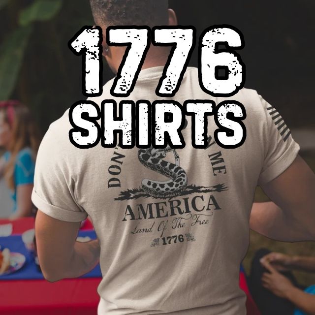Man wearing a 1776 Gadsden flag shirt at a backyard gathering—bold ‘1776 Shirts’ overlay, patriotic apparel.