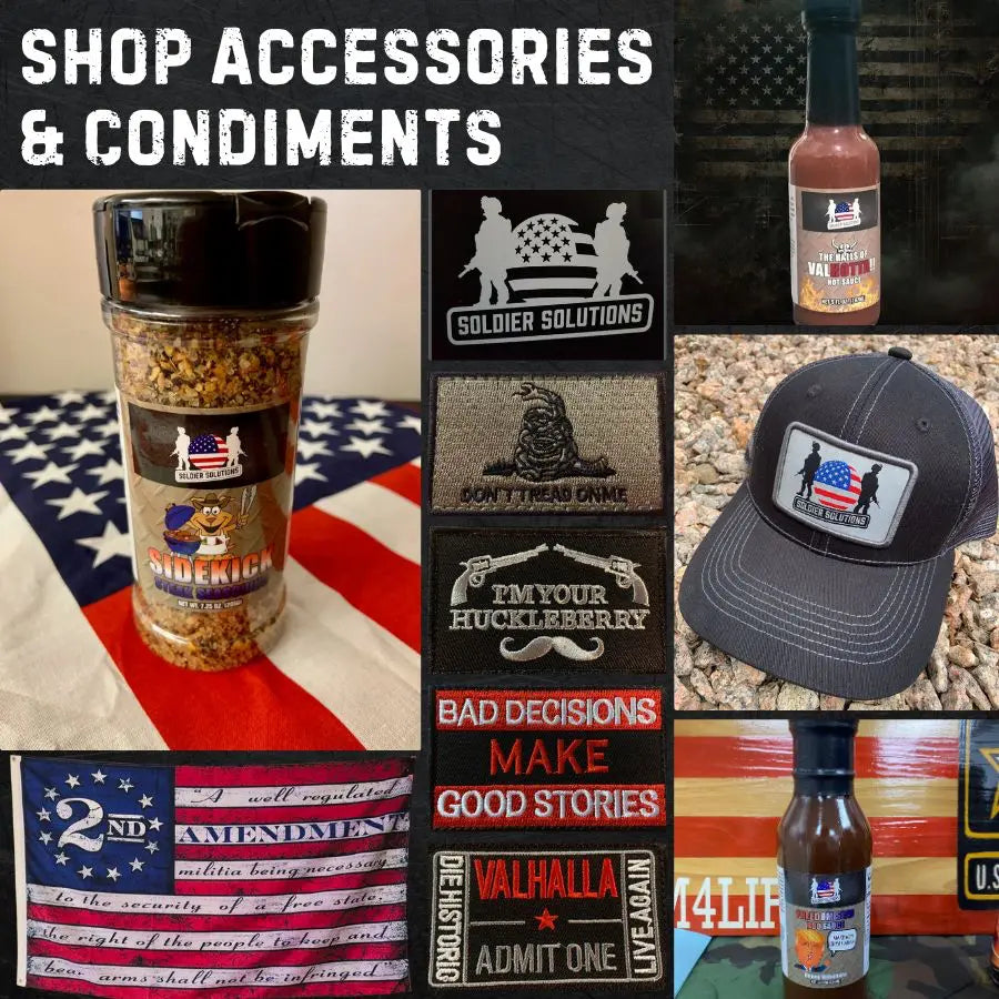 Collection of Soldier Solutions accessories and condiments featuring spice rubs, hot sauces, and patriotic-themed merchandise.