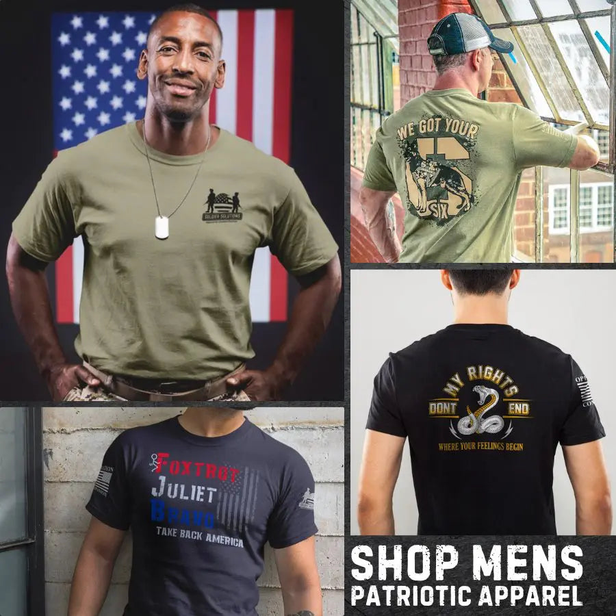 Four diverse models showcasing Soldier Solutions men's patriotic apparel collection, including t-shirts with American flag, military motifs, and 'We Got Your Six' back print, in urban and outdoor settings.