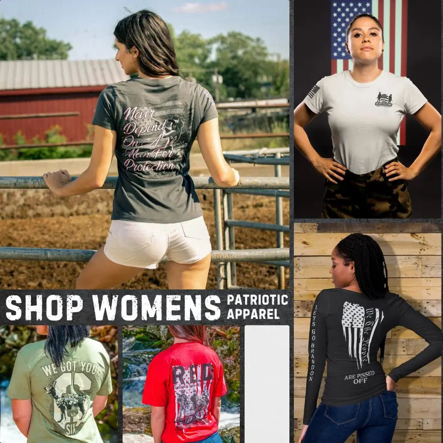 Diverse women showcasing Soldier Solutions' patriotic women's apparel collection, featuring t-shirts with American flag, military slogans, and back prints, set against farm, urban, and flag backdrops.