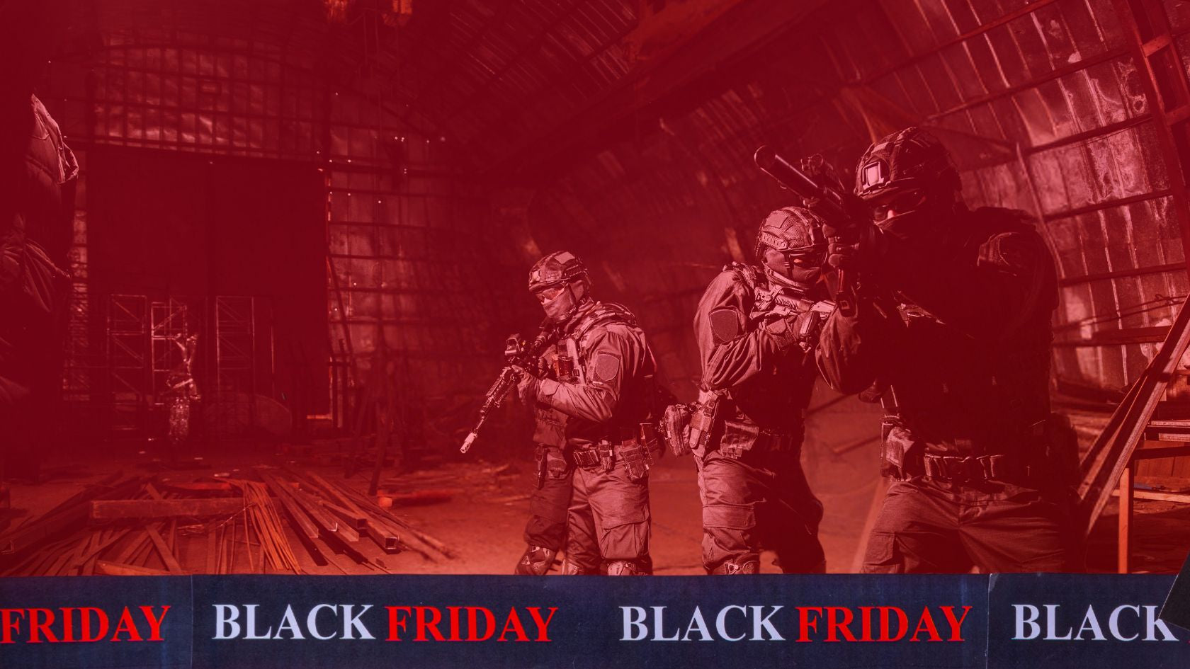 Red-themed promotional image for Black Friday with tactical gear and weapons.