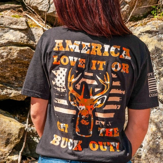 Women’s patriotic hunting shirt America Love It or Get the Buck Out back graphic