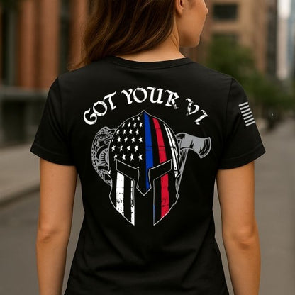 I Got Your 6 shirt showing Spartan helmet with American flag and Thin Blue Line