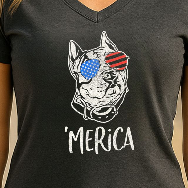 Close-up of patriotic dog in flag sunglasses with Merica slogan on women’s tee