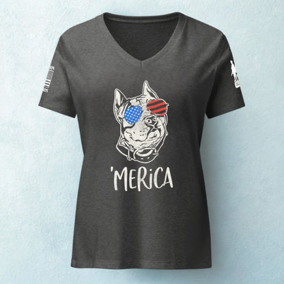 Flat lay of women’s Merica tee with American flag dog graphic and patriotic slogan