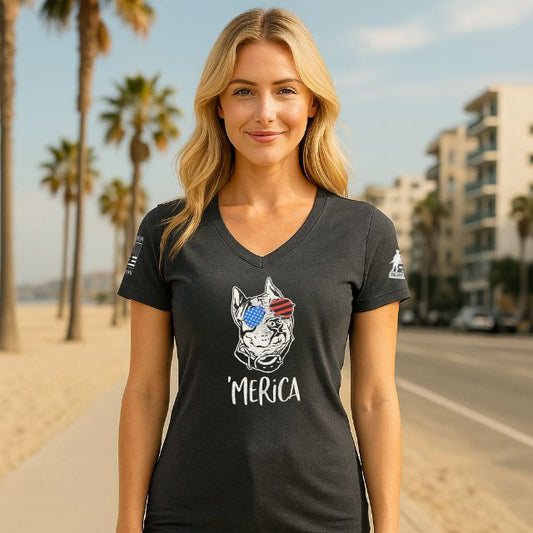 Women’s shirt with American flag sunglasses dog graphic and Merica text