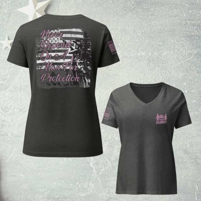 Flat layout of women’s tee with full quote on back and Soldier Solutions logo on front