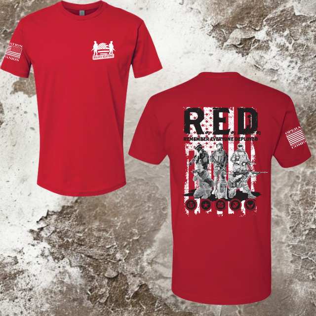 Flat product image of Women's R.E.D. tee with front Soldier Solutions logo and full back tribute design