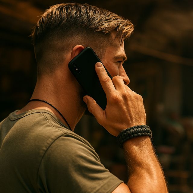Man wearing black paracord survival bracelet with tactical design while on phone call.