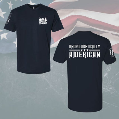 Flat display of Unapologetically American shirt front and back design