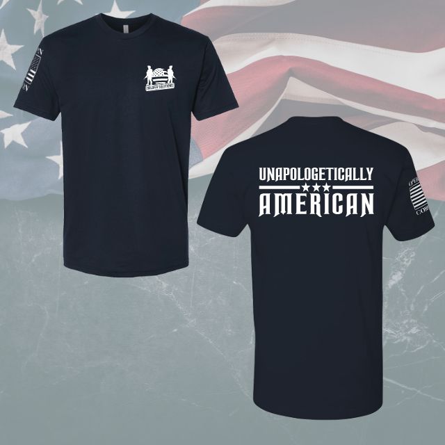 Flat display of Unapologetically American women’s shirt front and back design