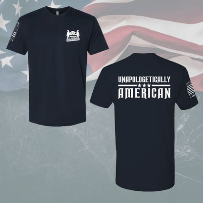 Flat display of Unapologetically American women’s shirt front and back design