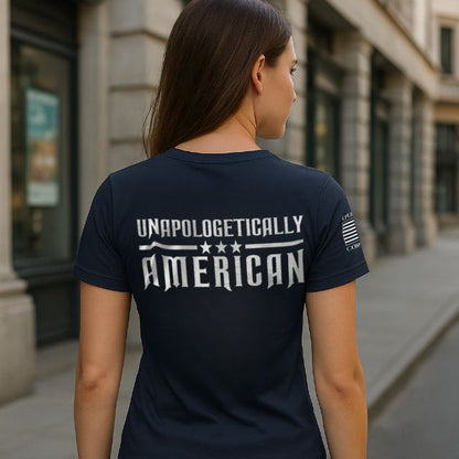 Unapologetically American women’s shirt with patriotic back design