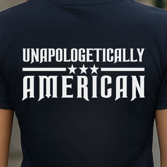 Close-up of Unapologetically American text graphic on women’s patriotic shirt