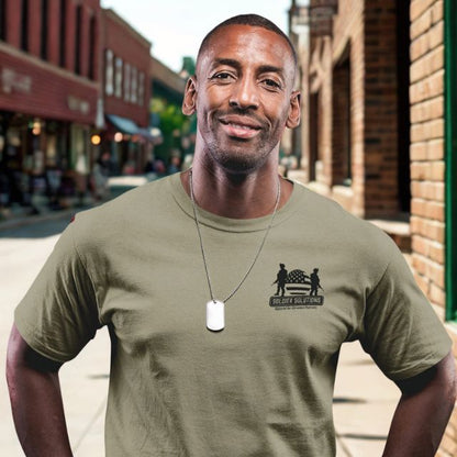Front of men’s American Companion t-shirt with Soldier Solutions chest logo and sleeve Operation Companion insignia.